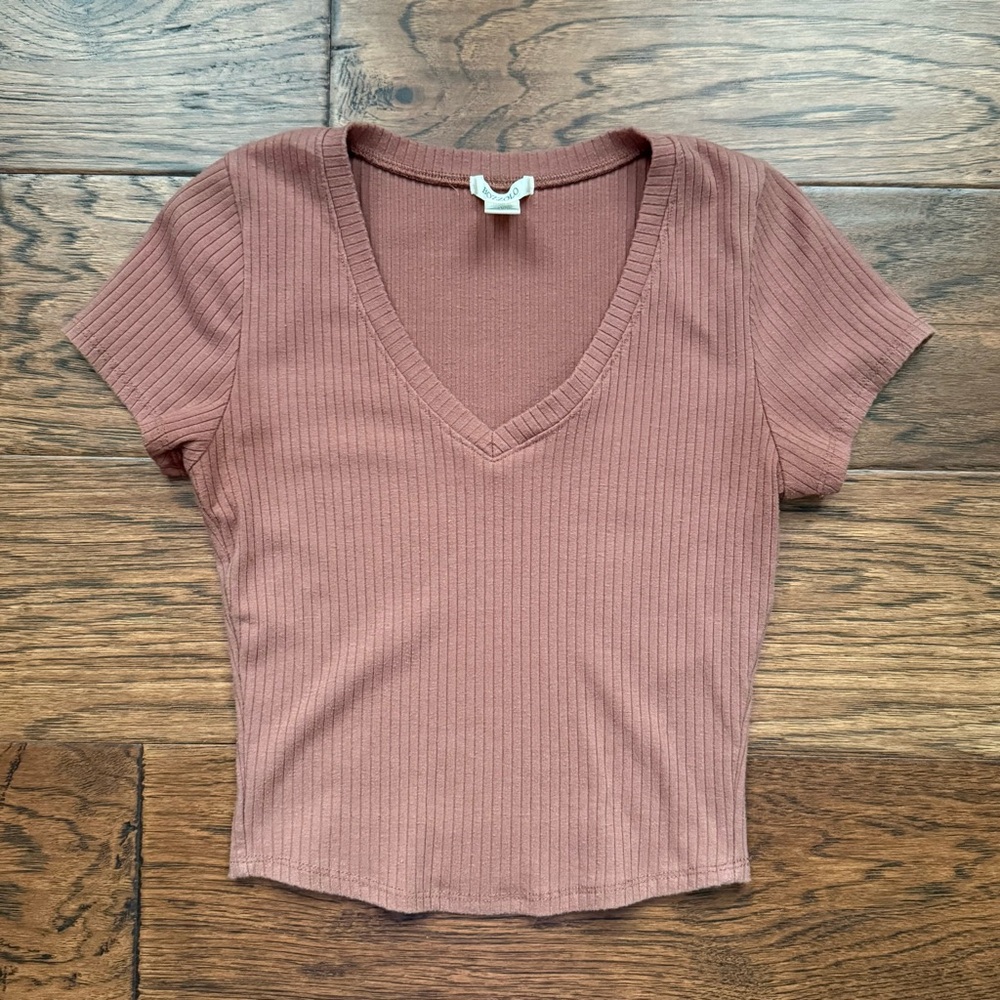 Bozzolo V-Neck Ribbed Knit Casual Short‎ Sleeve Top Mauve Medium